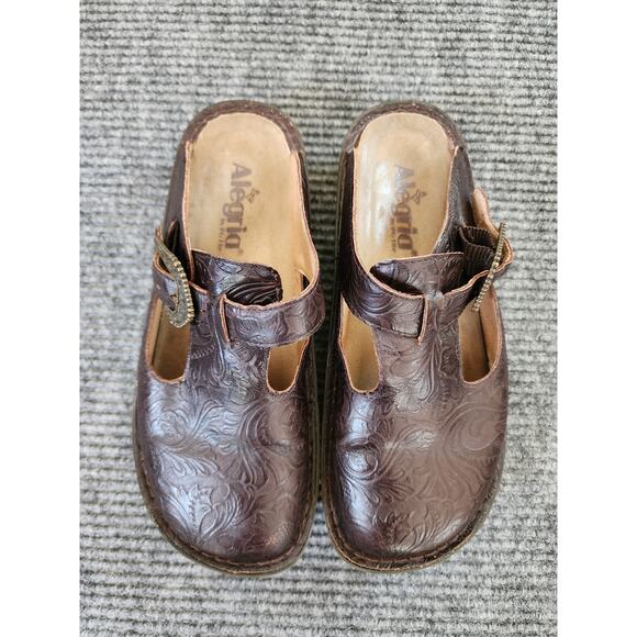 Alegria Shoes - Alegria Womens Size 37 Embossed Brown Leather Classic Clogs Adjustable Buckle